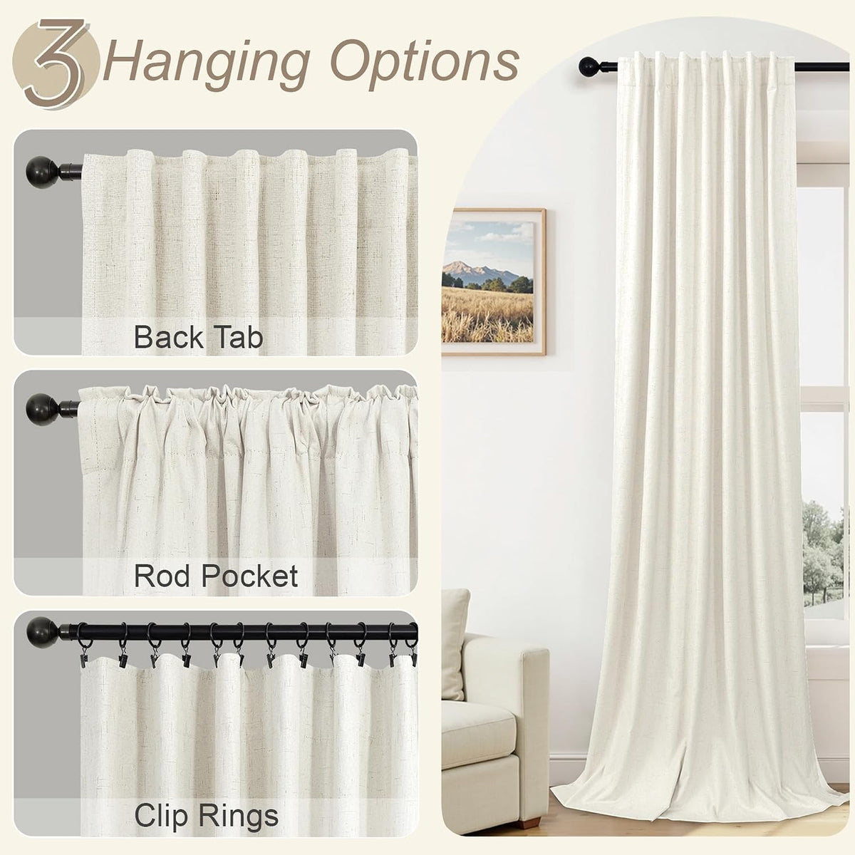100% Blackout Curtains 84 Inch Length 2 Panels Set Neutral Boho Linen Farmhouse for Bedroom Windows Living Room Darkening Thermal Insulated Drapes Natural Cream Ivory 7ft Long Back Tab Pleated Pocket