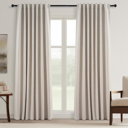 Topfinel Cream Ivory Blackout Curtains & Drapes 84 Inch Length, Beige Pinch Pleat Full Blackout Flax Linen Tab Top Soundproof Curtains with Hooks Rings for Bedroom Living Room Track 2 Panels Set