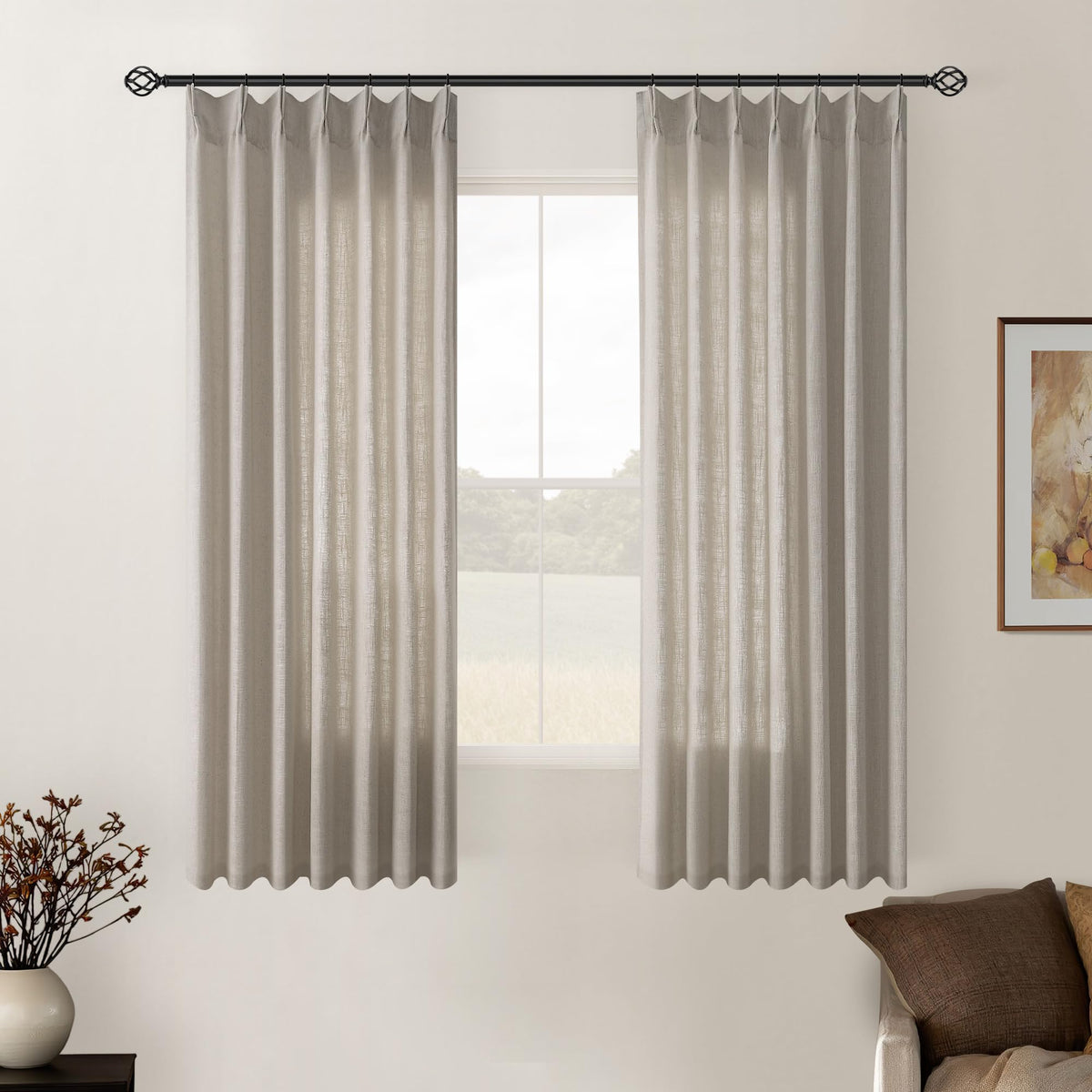 TWODRAPES Natural Pinch Pleated Linen Semi Sheer 84 Inch Curtains 2 Panels