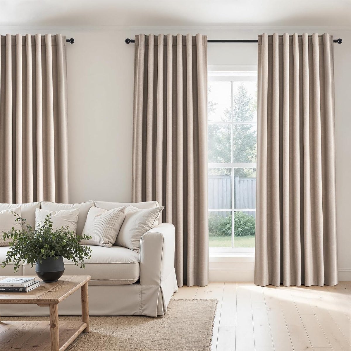 Topfinel Cream Ivory Blackout Curtains & Drapes 84 Inch Length, Beige Pinch Pleat Full Blackout Flax Linen Tab Top Soundproof Curtains with Hooks Rings for Bedroom Living Room Track 2 Panels Set
