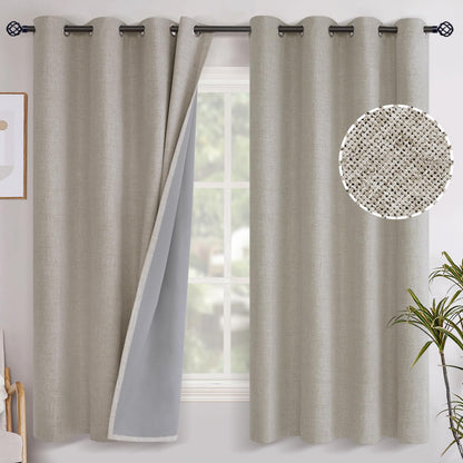 YoungsTex Linen Blackout Curtains 63 Inch Length Bedroom Beige Darkening