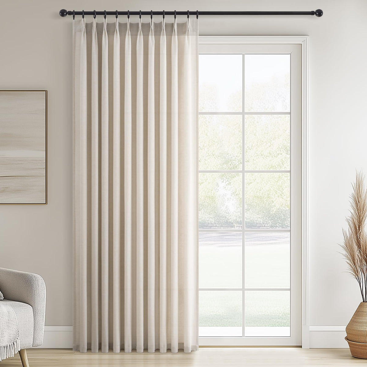 Topfinel Oatmeal Beige Pinch Pleated Curtains 84 Inches Long for Living Room 2 Panels Sets,Stone Washed Linen Earth Tone Decor Back Tab Boho Neutral Greige Earthy Sheer Curtain for Bedroom