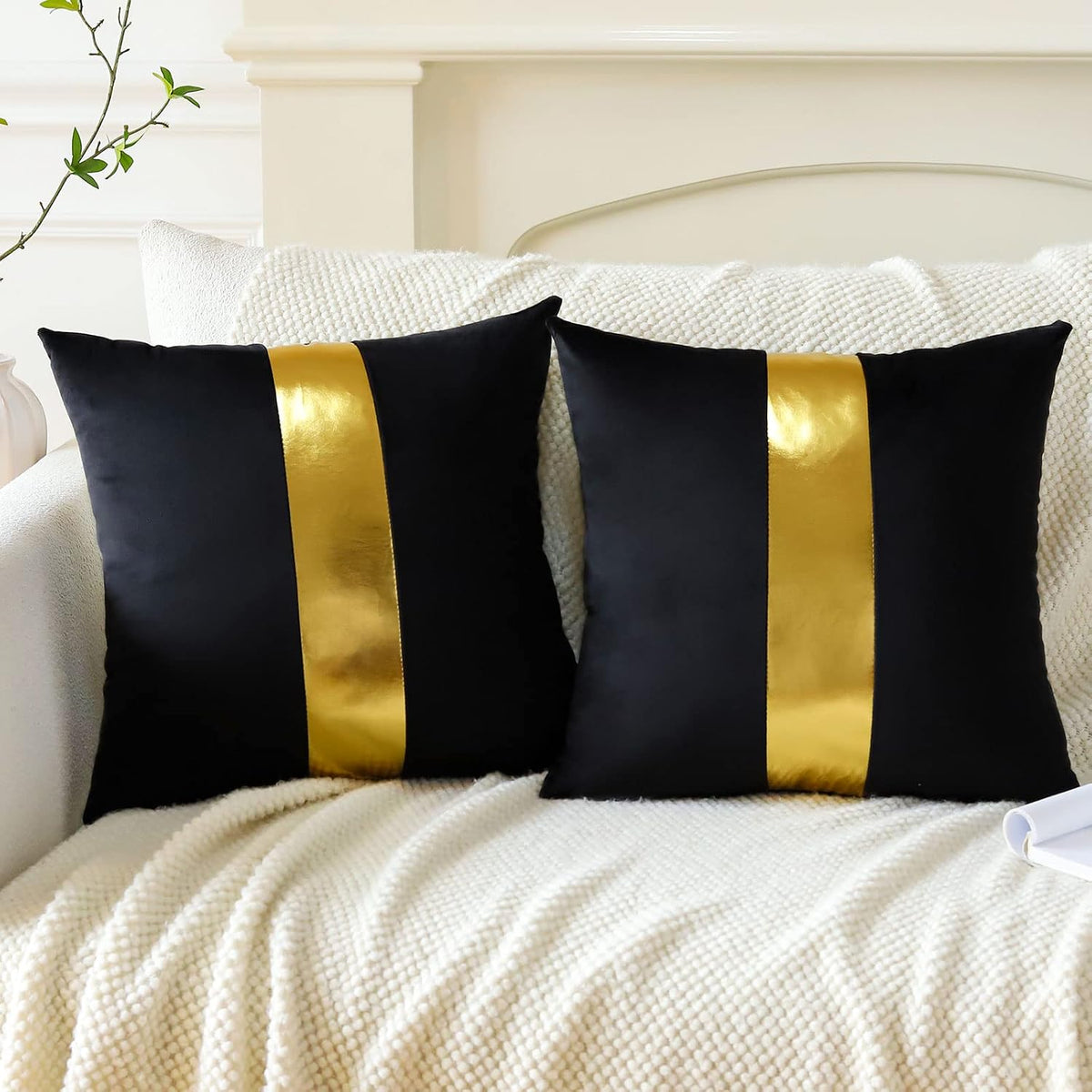 Artscope Black Velvet Throw Pillow Covers with Gold Leather Stitching Luxury Modern Minimalist Square Pillowcase Cushion Covers for Bed Couch Sofa 18x18Inch Set of 2