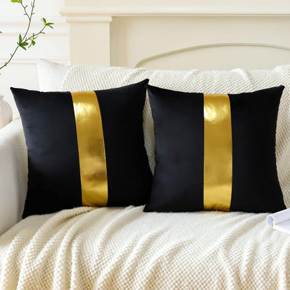 Artscope Black Velvet Throw Pillow Covers with Gold Leather Stitching Luxury Modern Minimalist Square Pillowcase Cushion Covers for Bed Couch Sofa 18x18Inch Set of 2