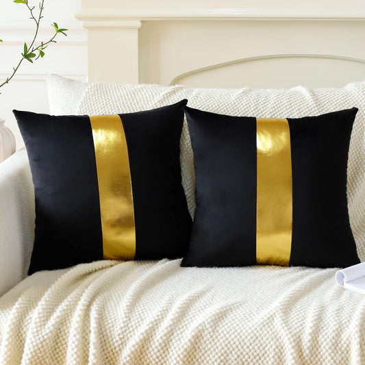 Artscope Black Velvet Throw Pillow Covers with Gold Leather Stitching Luxury Modern Minimalist Square Pillowcase Cushion Covers for Bed Couch Sofa 18x18Inch Set of 2
