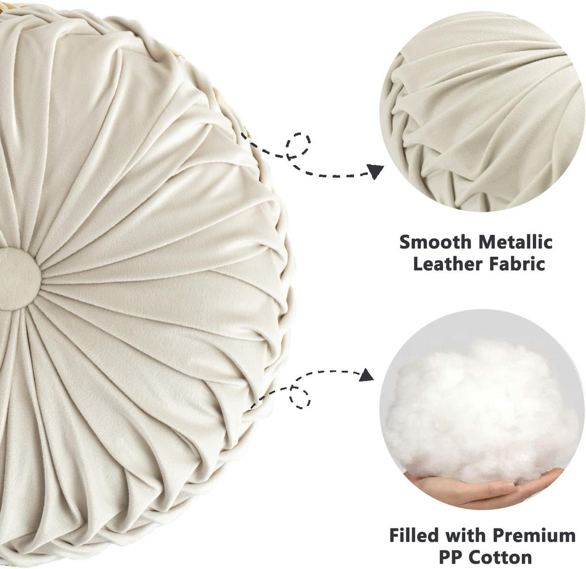 HIG Set of 2 Beige Velvet Decorative Round Pleated Throw Pillows