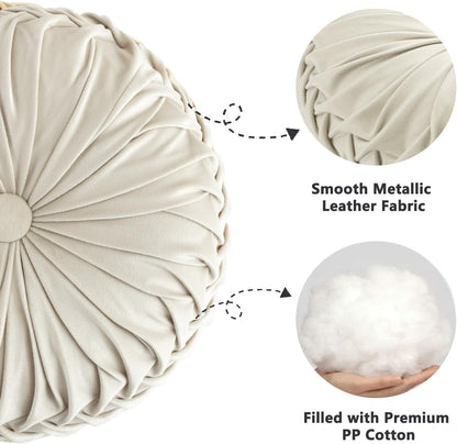 HIG Set of 2 Beige Velvet Decorative Round Pleated Throw Pillows