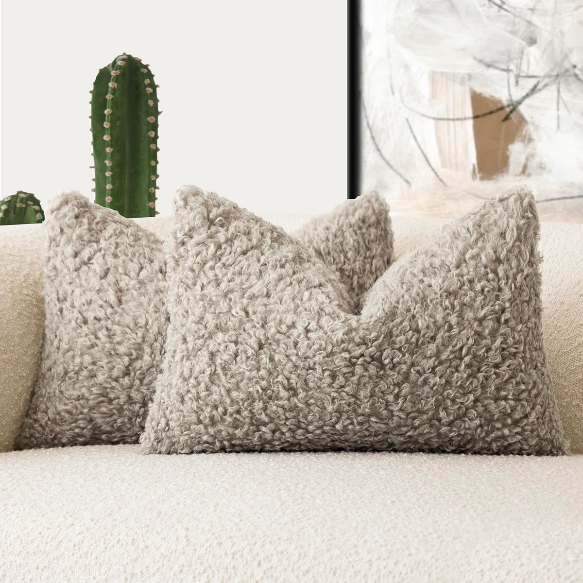 Foindtower Decorative Fuzzy Faux Fur Throw Pillow Covers 24x24 Inch Oatmeal