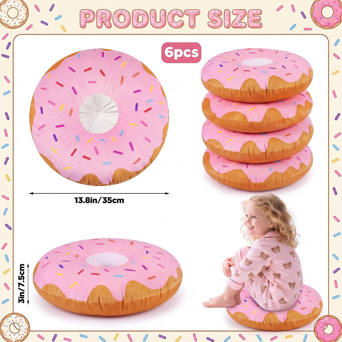 6 Pcs 13.78" Pink Donut Floor Pillow, for Donut Birthday Party Decor