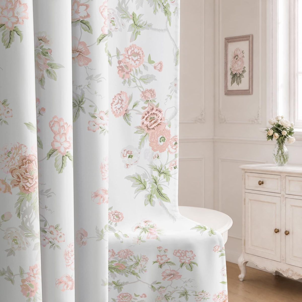 Boho Floral 100% Blackout Curtains 84 Inch 2 Panels Linen Texture