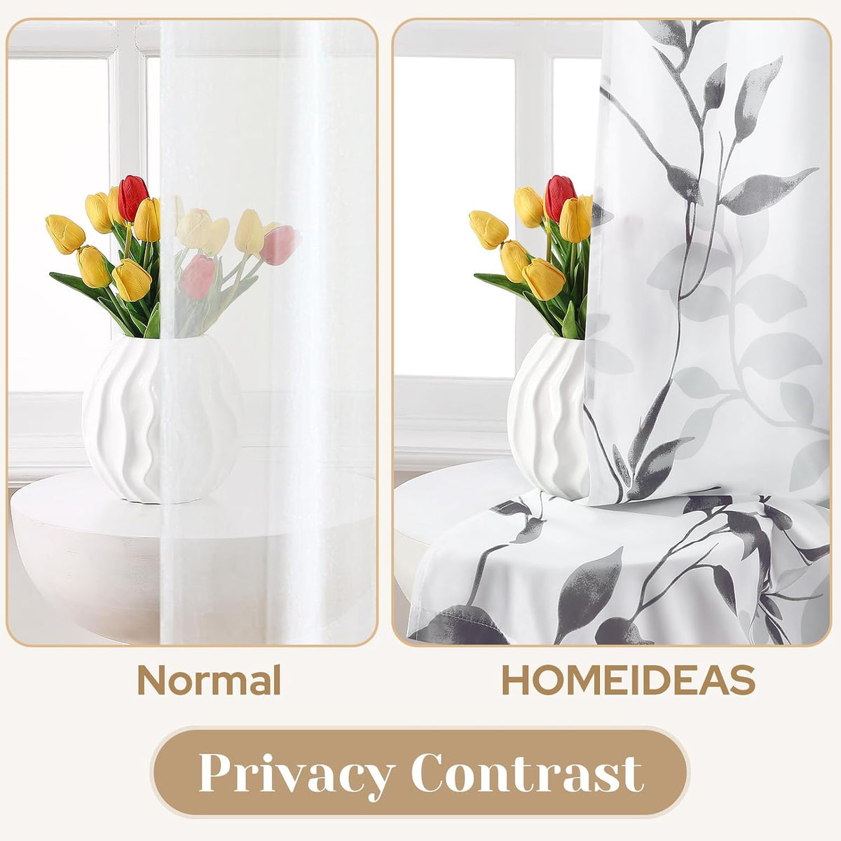 HOMEIDEAS Light Grey and White Privacy Sheer Curtains, 52X63 Inch, 2 Panels