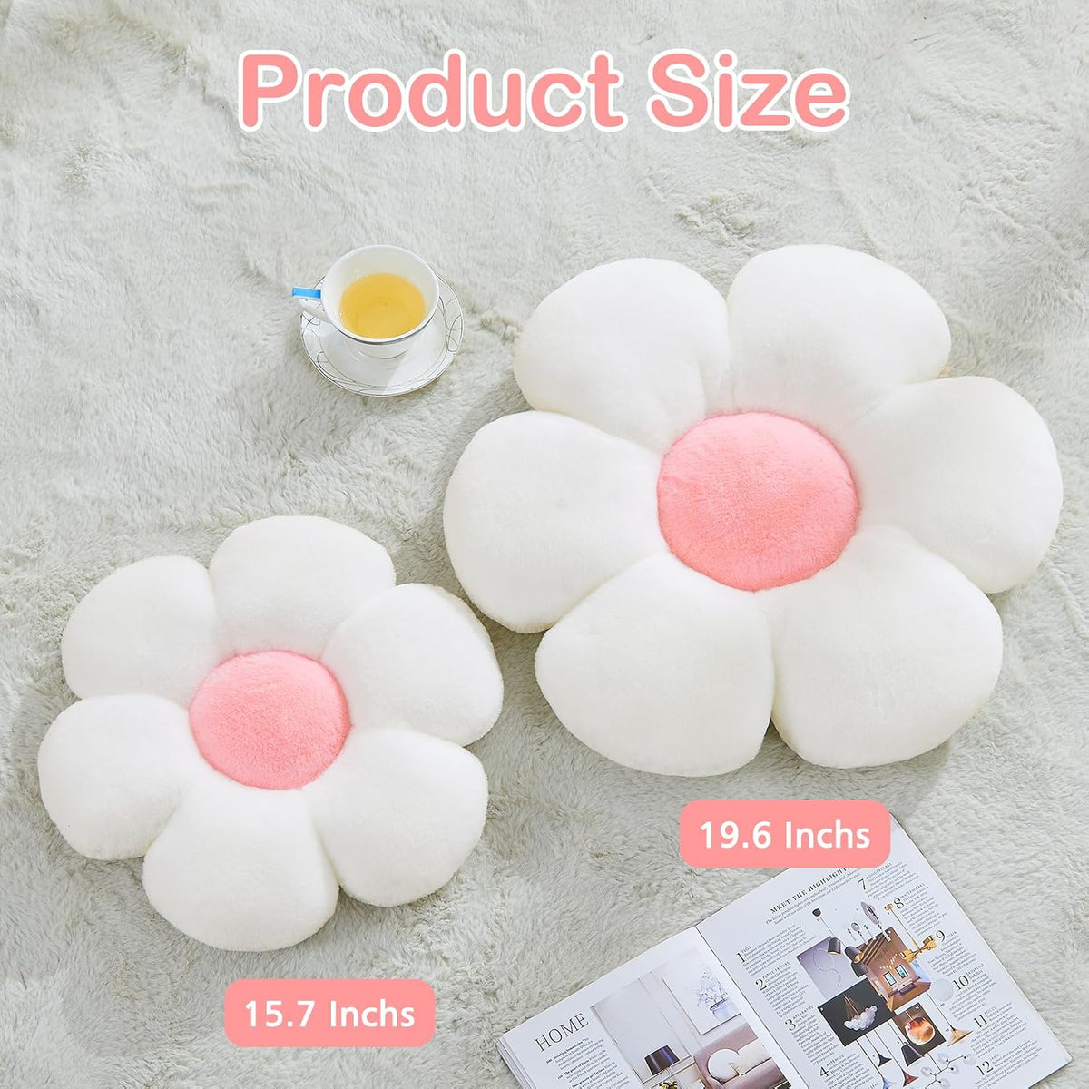 Pink Flower Pillow, Soft Flower Shaped Throw Pillows with Faux Rabbit Fur for Home Decorative,Cute Flower Throw Pillow Cushion for Bed Sofa Couch (Small - 15.7 Inch)