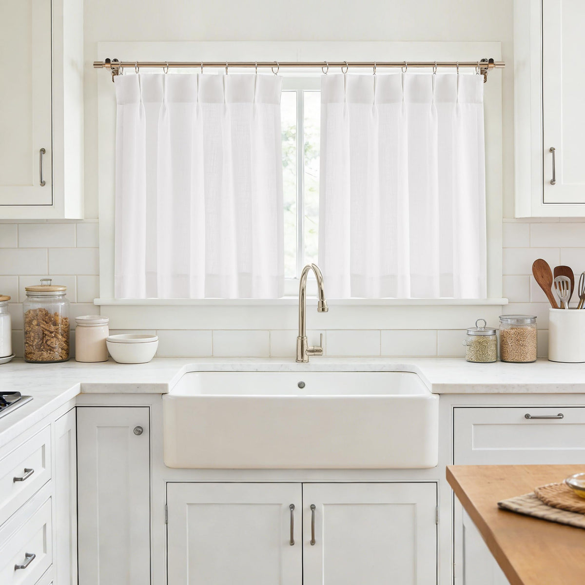 Vision Home Natural Linen Pinch Pleated Semi Sheer Curtains 42Wx90Lx2