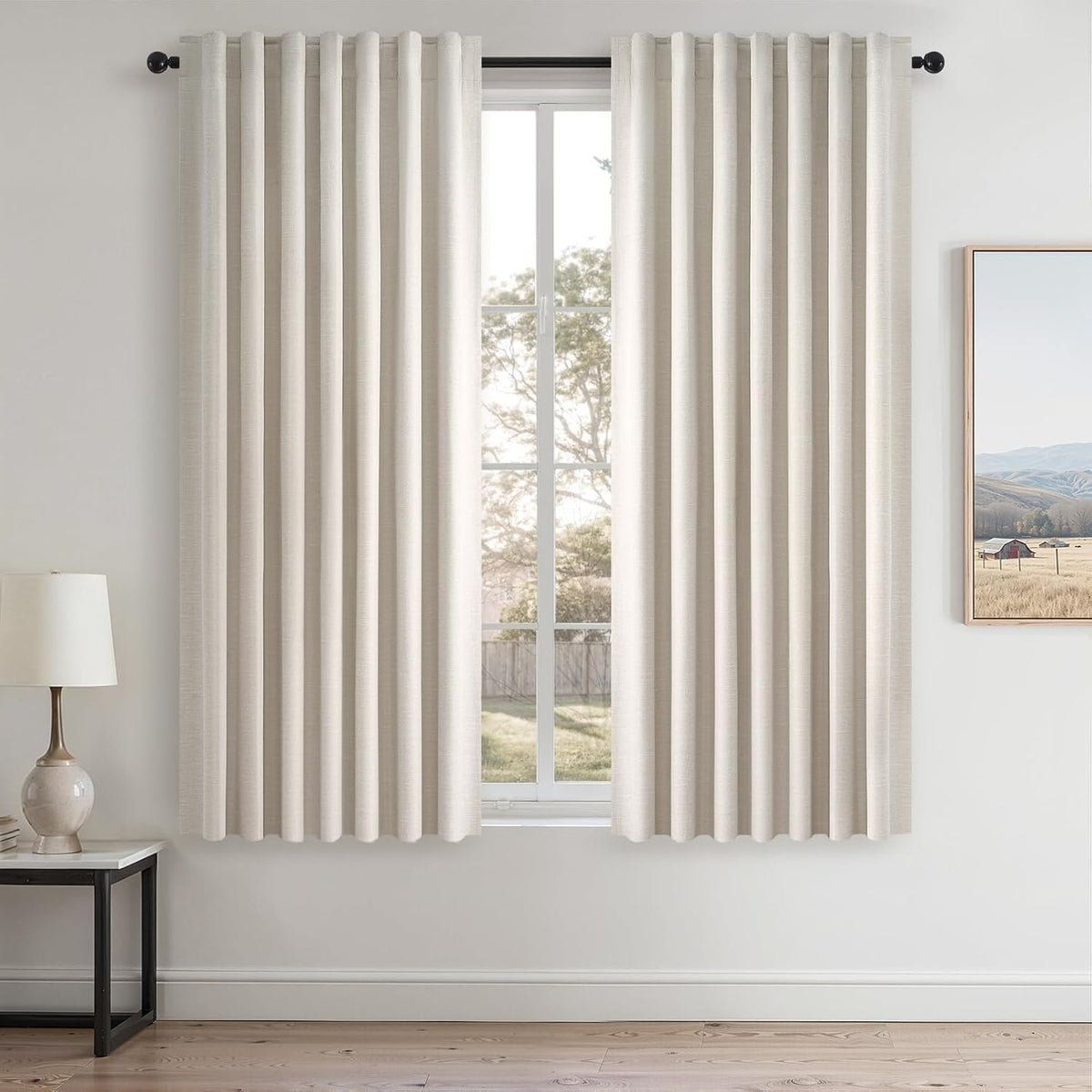 Topfinel Cream Ivory Blackout Curtains & Drapes 84 Inch Length, Beige Pinch Pleat Full Blackout Flax Linen Tab Top Soundproof Curtains with Hooks Rings for Bedroom Living Room Track 2 Panels Set
