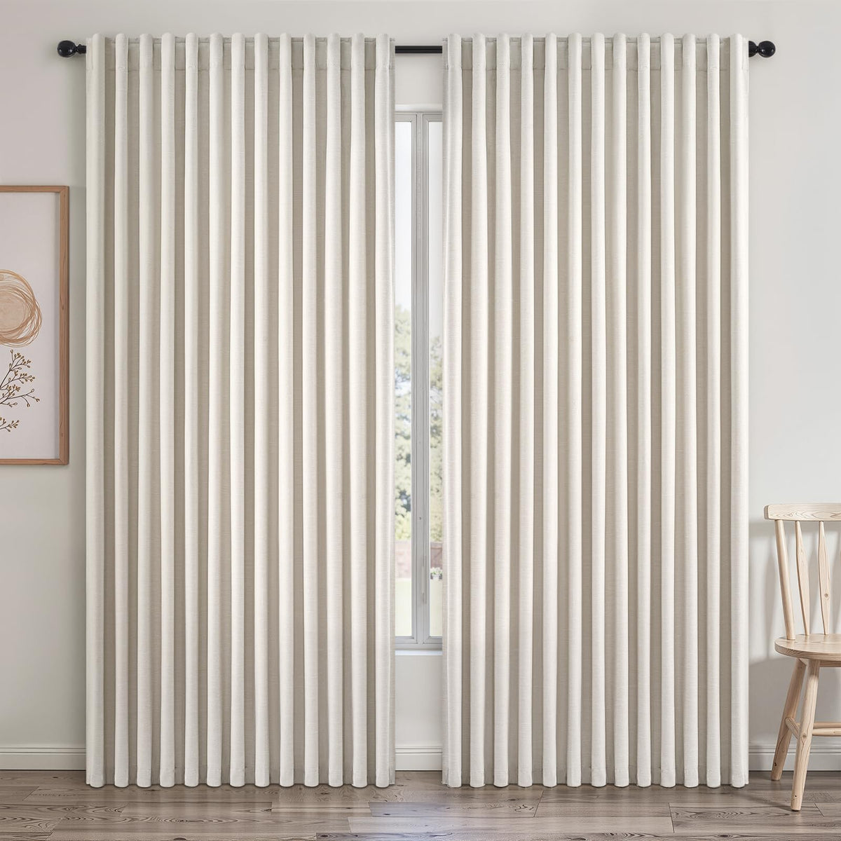 Topfinel Cream Ivory Blackout Curtains & Drapes 84 Inch Length, Beige Pinch Pleat Full Blackout Flax Linen Tab Top Soundproof Curtains with Hooks Rings for Bedroom Living Room Track 2 Panels Set