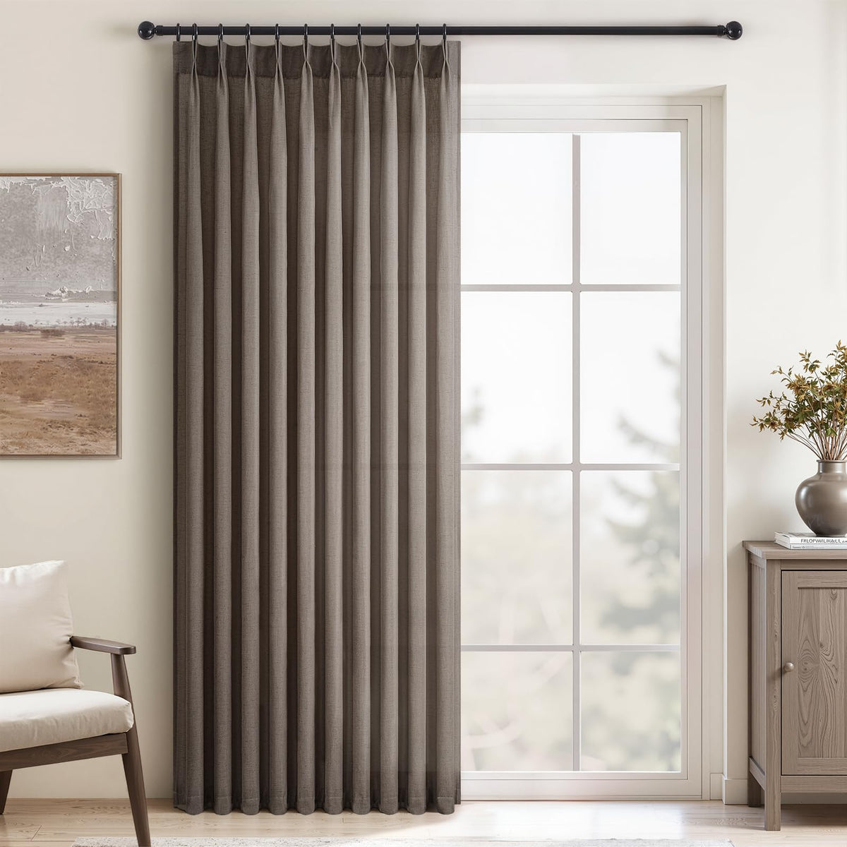 Topfinel Oatmeal Beige Pinch Pleated Curtains 84 Inches Long for Living Room 2 Panels Sets,Stone Washed Linen Earth Tone Decor Back Tab Boho Neutral Greige Earthy Sheer Curtain for Bedroom