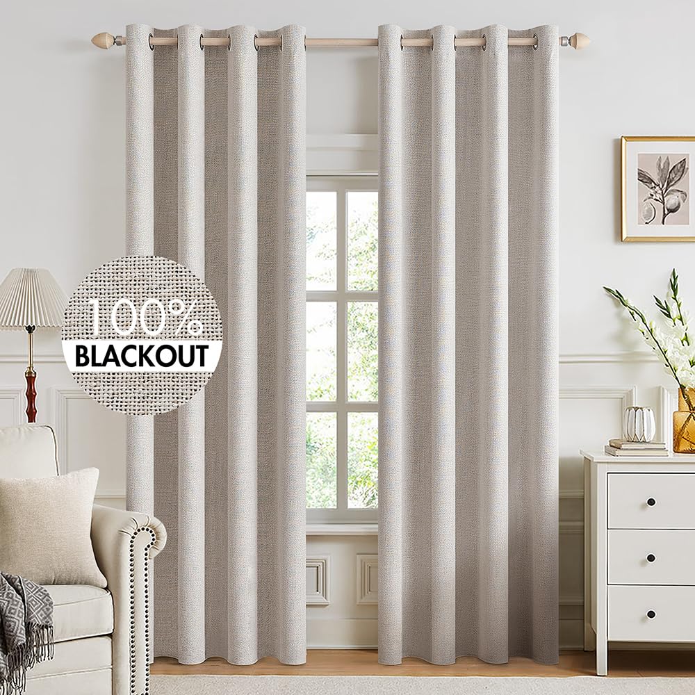 MIULEE 100% Blackout Linen Curtains for Bedroom 52x84 Inches Natural Beige