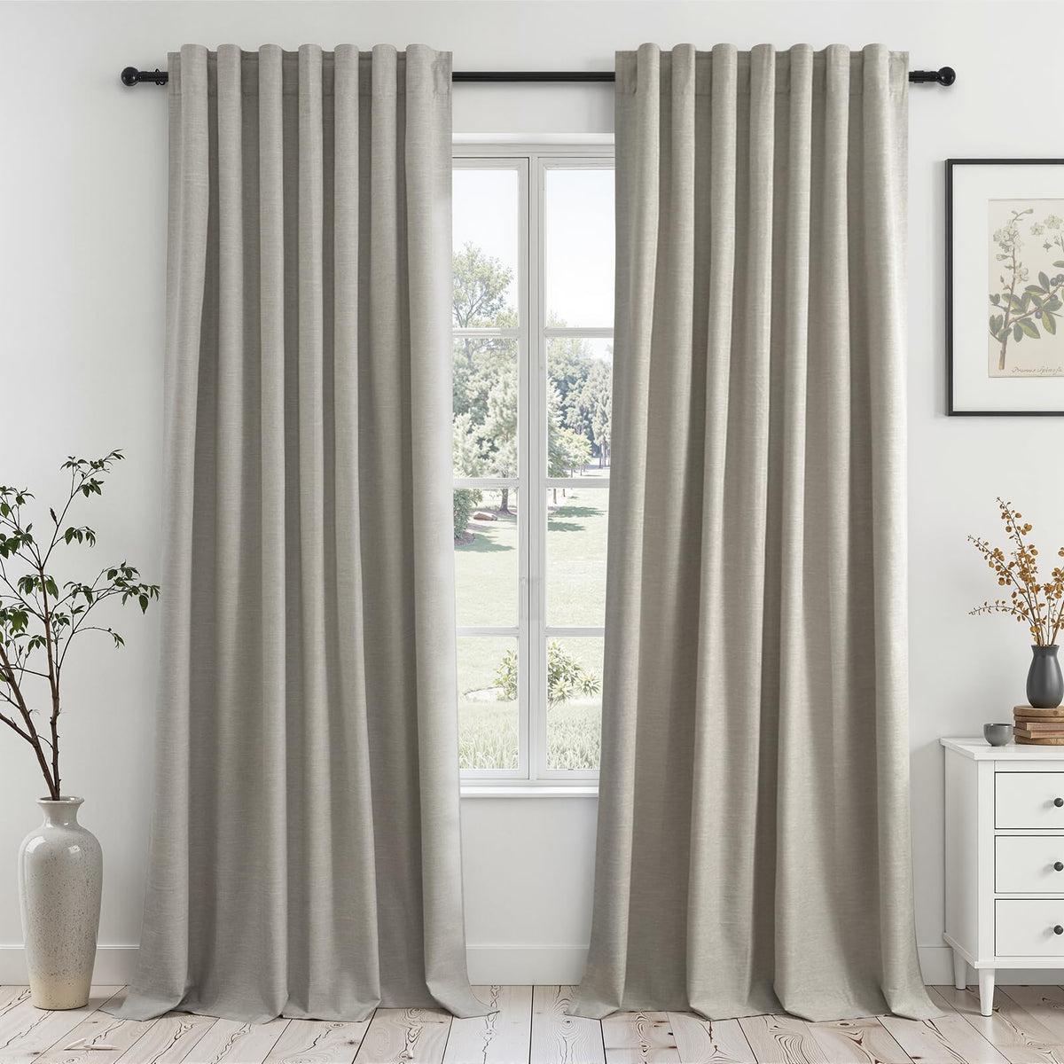 Topfinel Cream Ivory Blackout Curtains & Drapes 84 Inch Length, Beige Pinch Pleat Full Blackout Flax Linen Tab Top Soundproof Curtains with Hooks Rings for Bedroom Living Room Track 2 Panels Set