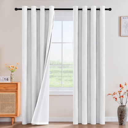 PrinceDeco Natural Linen Curtains 100% Blackout Linen Curtains for Bedroom Full Blackout Curtains 84 Inches Long Living Room Thermal Insulated Light Blocking Curtain Drapes White Backing, 2 Panels