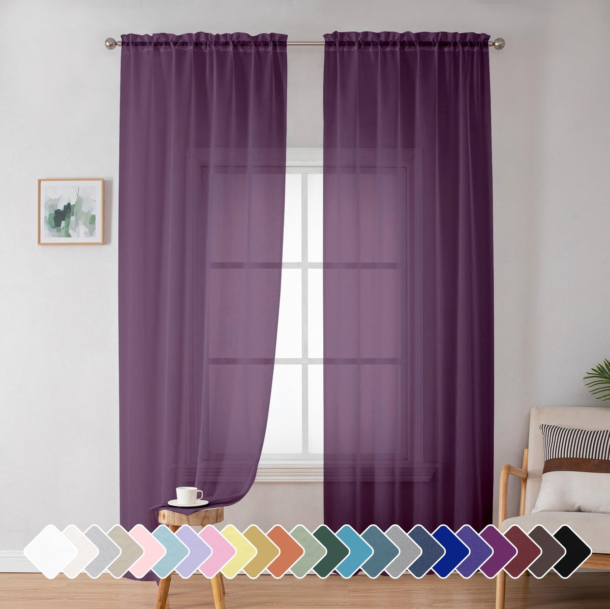 Simplebrand Black Sheer Curtains 84 Inches Long 2 Panels for Living Room