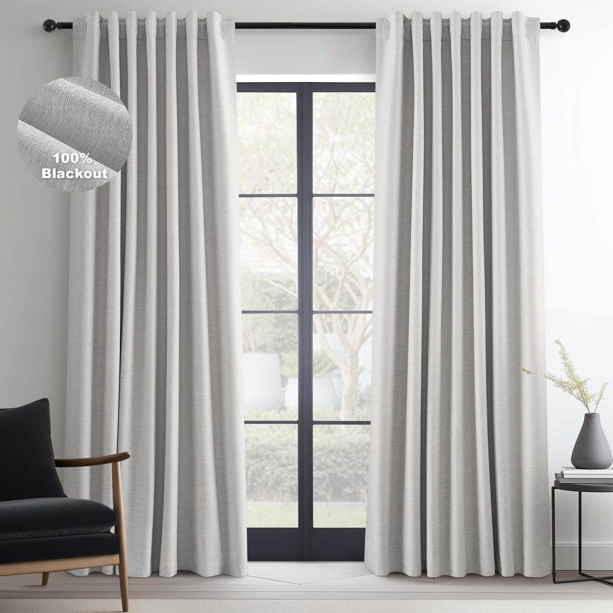 Topfinel Cream Ivory Blackout Curtains & Drapes 84 Inch Length, Beige Pinch Pleat Full Blackout Flax Linen Tab Top Soundproof Curtains with Hooks Rings for Bedroom Living Room Track 2 Panels Set