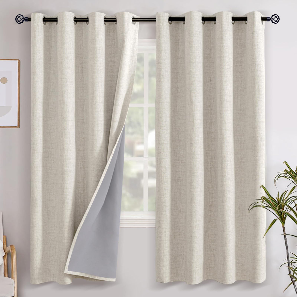 YoungsTex Linen Blackout Curtains 63 Inch Length Bedroom Beige Darkening