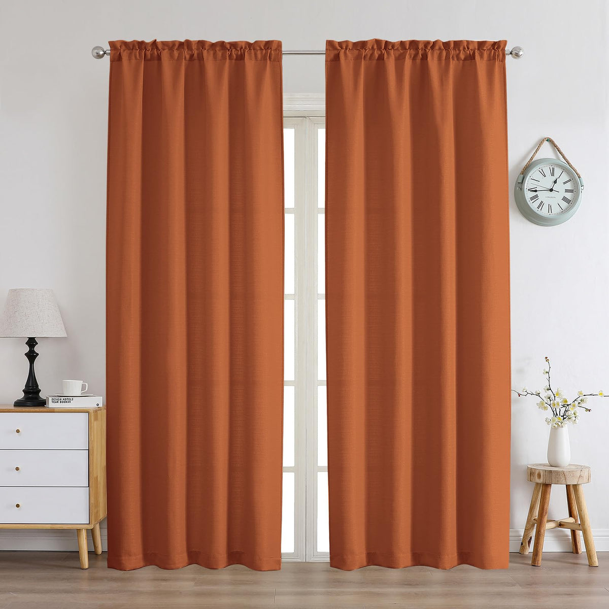 Chyhomenyc White Curtains 45 Inch Length 2 Panels, Faux Linen Textured