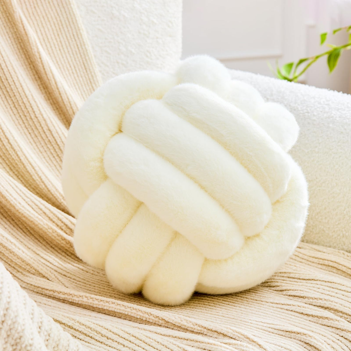 Uvvyui Knot Pillow Ball, Soft Home Decorative Round Throw Pillow, Handmade Knotted Plush Pillow, Round Boucle Pillow Cushion (8.6 Inches Ivory)
