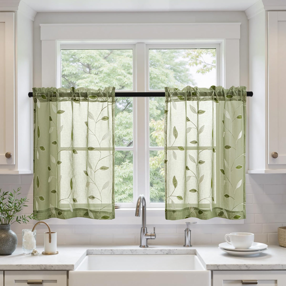 MIULEE Sage Green Sheer Curtains 2 Panels Leaf Patterned, W52 x L84