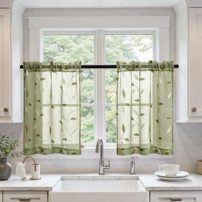 MIULEE Sage Green Sheer Curtains 2 Panels Leaf Patterned, W52 x L84