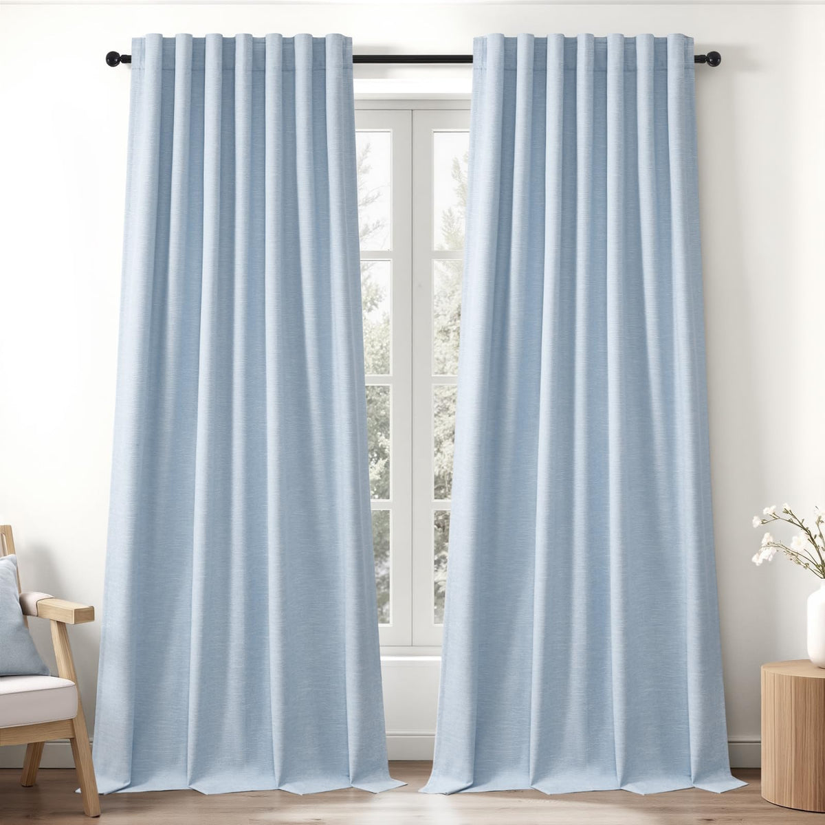 Topfinel Cream Ivory Blackout Curtains & Drapes 84 Inch Length, Beige Pinch Pleat Full Blackout Flax Linen Tab Top Soundproof Curtains with Hooks Rings for Bedroom Living Room Track 2 Panels Set