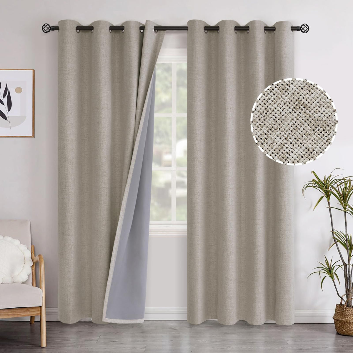 YoungsTex Linen Blackout Curtains 63 Inch Length Bedroom Beige Darkening