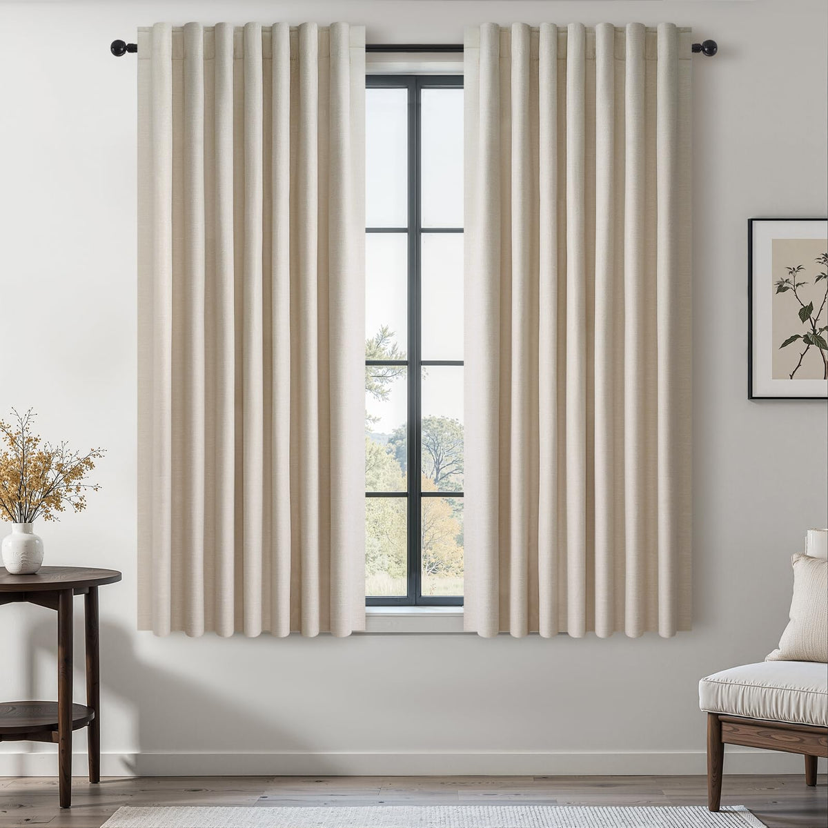 Topfinel Cream Ivory Blackout Curtains & Drapes 84 Inch Length, Beige Pinch Pleat Full Blackout Flax Linen Tab Top Soundproof Curtains with Hooks Rings for Bedroom Living Room Track 2 Panels Set