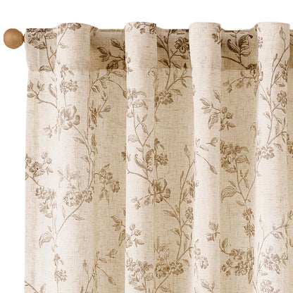 Lazzzy Taupe Vintage Floral Linen Curtains Farmhouse 50W X 84L 2 Panels