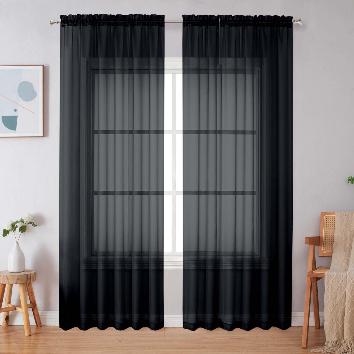 Simplebrand Black Sheer Curtains 84 Inches Long 2 Panels for Living Room
