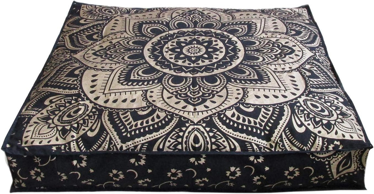 24" Black Gold Flower Mandala Barmeri Large Floor Pillow Cover Cushion Meditation Seating Ottoman Throw Cover Hippie Decorative Zipped Bohemian Pouf Ottoman Pom Pom Cases 24 " square
