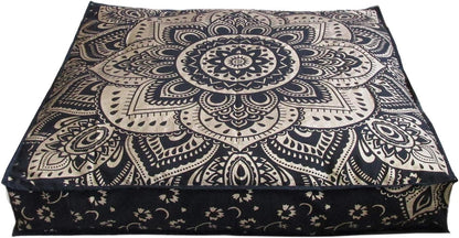 24" Black Gold Flower Mandala Barmeri Large Floor Pillow Cover Cushion Meditation Seating Ottoman Throw Cover Hippie Decorative Zipped Bohemian Pouf Ottoman Pom Pom Cases 24 " square