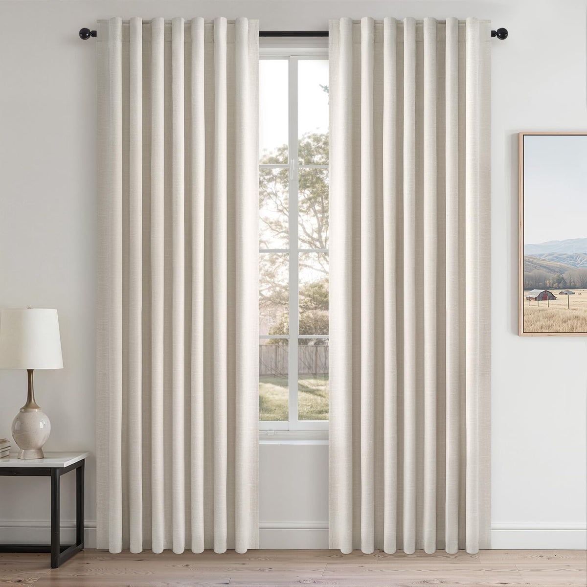 Topfinel Cream Ivory Blackout Curtains & Drapes 84 Inch Length, Beige Pinch Pleat Full Blackout Flax Linen Tab Top Soundproof Curtains with Hooks Rings for Bedroom Living Room Track 2 Panels Set