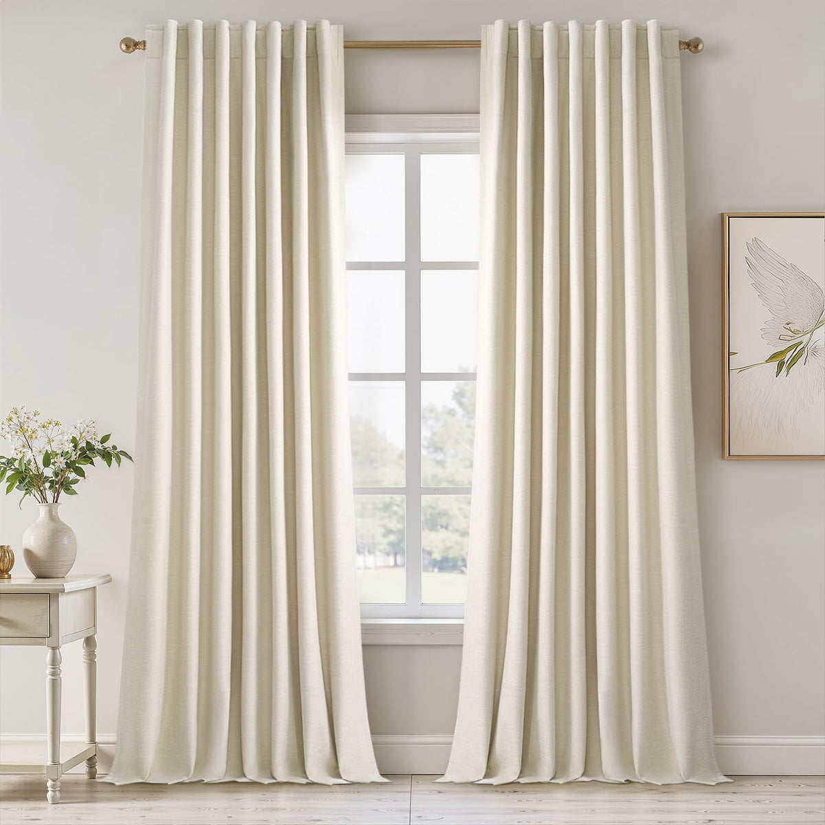 Topfinel Cream Ivory Blackout Curtains & Drapes 84 Inch Length, Beige Pinch Pleat Full Blackout Flax Linen Tab Top Soundproof Curtains with Hooks Rings for Bedroom Living Room Track 2 Panels Set