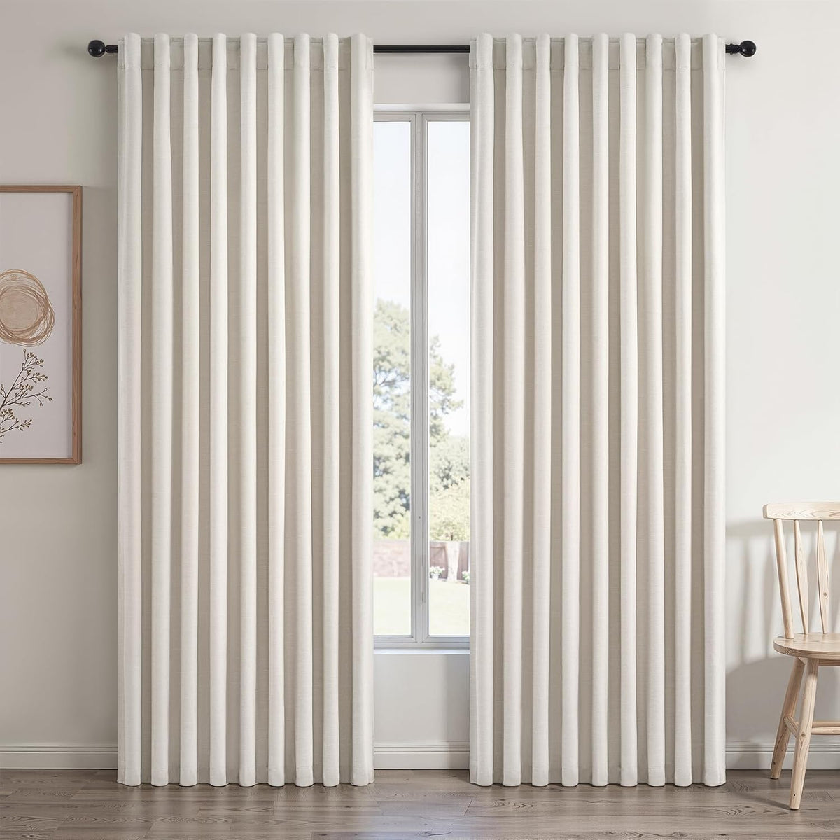 Topfinel Cream Ivory Blackout Curtains & Drapes 84 Inch Length, Beige Pinch Pleat Full Blackout Flax Linen Tab Top Soundproof Curtains with Hooks Rings for Bedroom Living Room Track 2 Panels Set