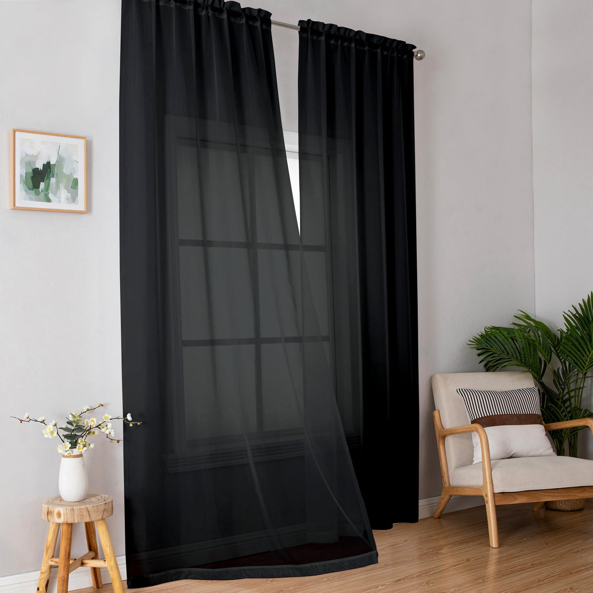 Simplebrand Black Sheer Curtains 84 Inches Long 2 Panels for Living Room