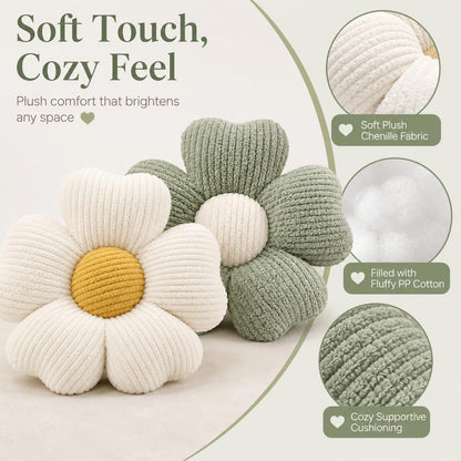 2 Pcs Flower Pillow, 15''Soft Cute Daisy Decorative Pillows Floor Seating Cushion for Bed Couch Bedroom Room Dorm Home Decor & Gift (Sage Green & Ivory)