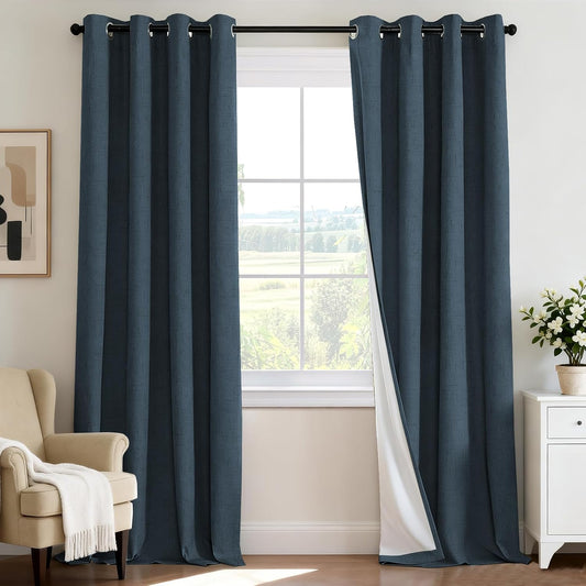 H.VERSAILTEX 100% Blackout Curtains for Bedroom 84 Inches Long Grommet Linen Face Full Light Blocking Curtain Drapes for Living Room Thermal Linen Look Curtains 2 Panels Set, 52" W x 84" L, Navy