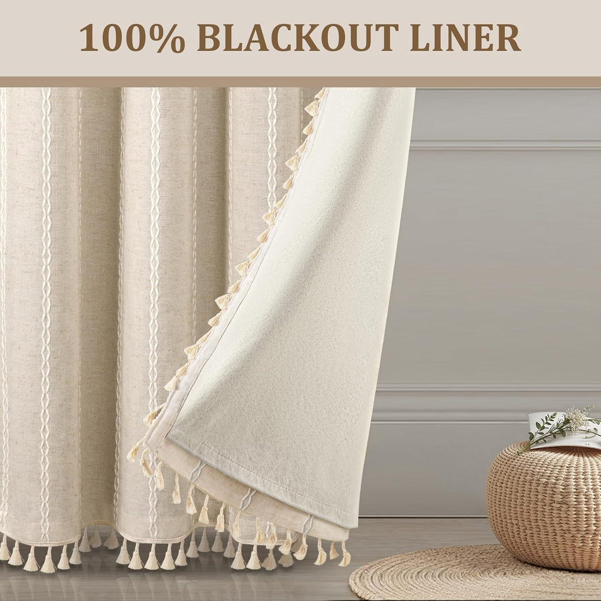 Boho 100% Blackout Curtains 84 Inch 2 Panels Linen Blend Beige