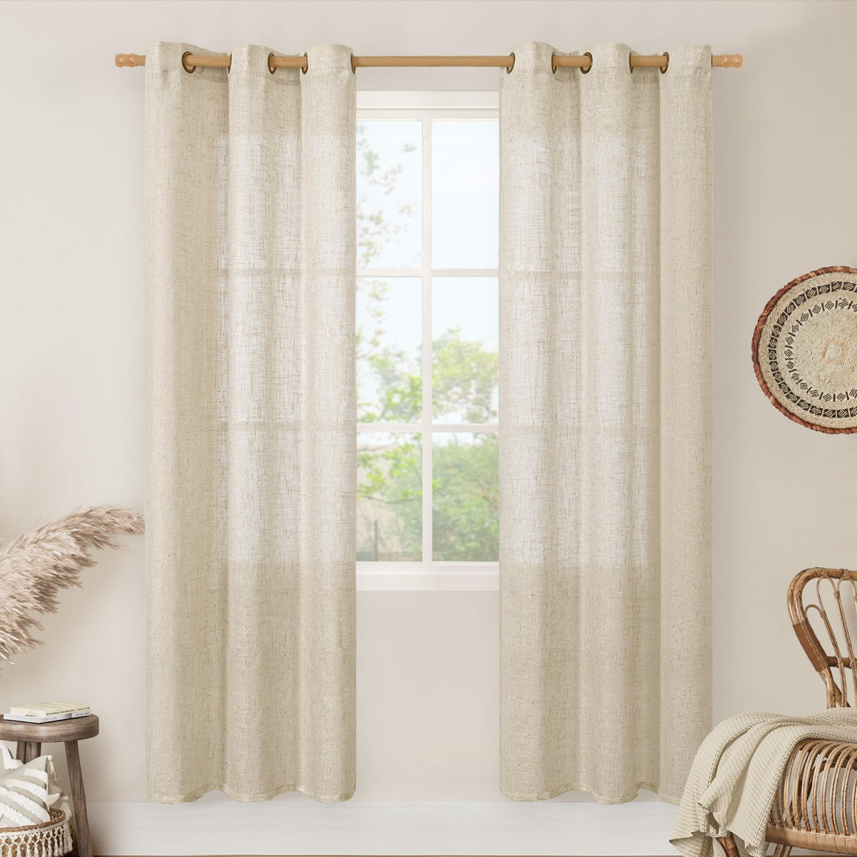 LAMIT Cream Ivory Linen Semi Sheer Curtains 84 inch Length for Bedroom