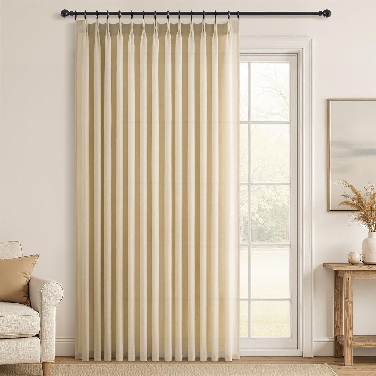 Topfinel Oatmeal Beige Pinch Pleated Curtains 84 Inches Long for Living Room 2 Panels Sets,Stone Washed Linen Earth Tone Decor Back Tab Boho Neutral Greige Earthy Sheer Curtain for Bedroom