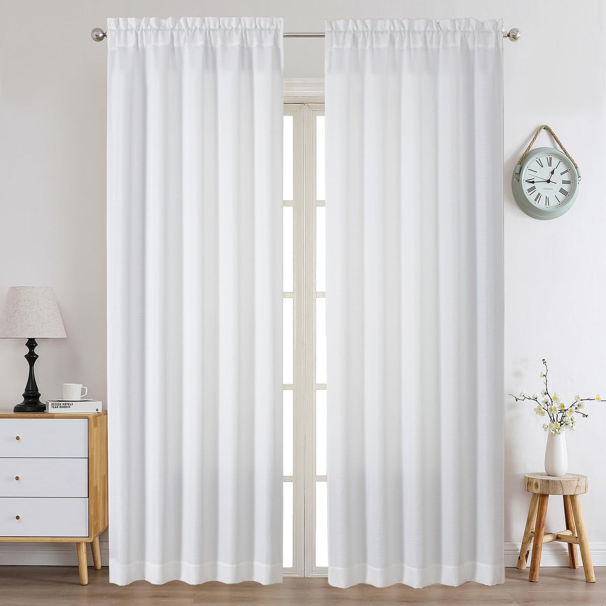 Chyhomenyc White Curtains 45 Inch Length 2 Panels, Faux Linen Textured