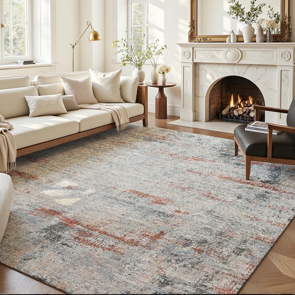 8x10 Pink Gray Washable Area Rug for Living Room, Vintage Print