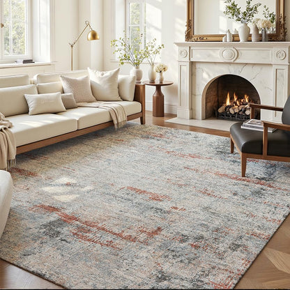 8x10 Pink Gray Washable Area Rug for Living Room, Vintage Print