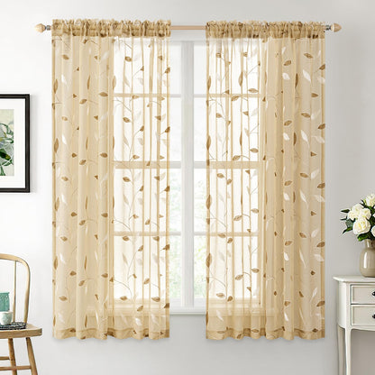 MIULEE Sage Green Sheer Curtains 2 Panels Leaf Patterned, W52 x L84